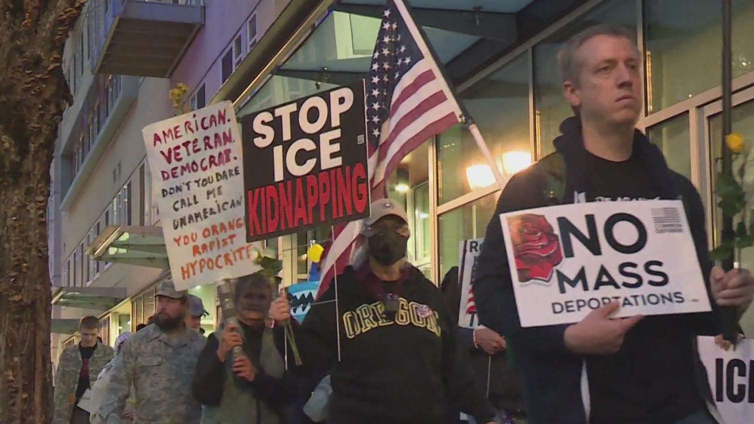 Veterans protest in silent march outside Portland ICE facility