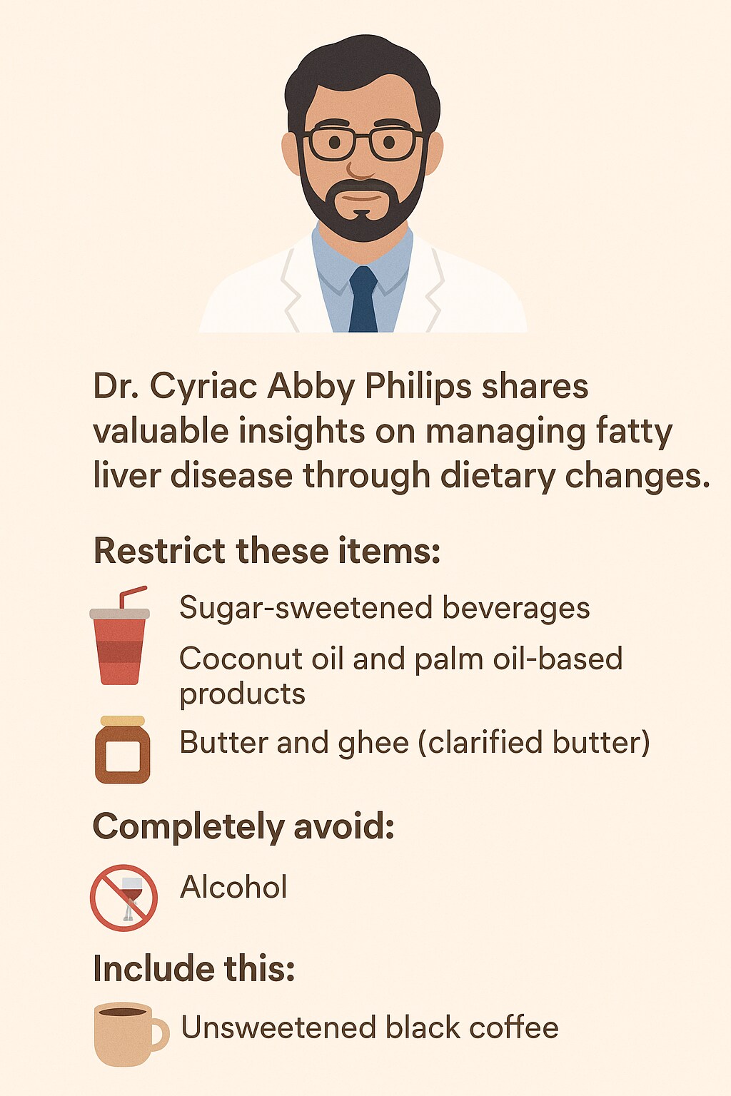 The Liver Doc says avoid alcohol, but drink unsweetened black coffee to help your liver. (Made using ChatGPT)