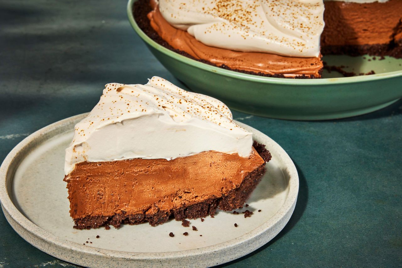 A slice of espresso martini pie on a plate.