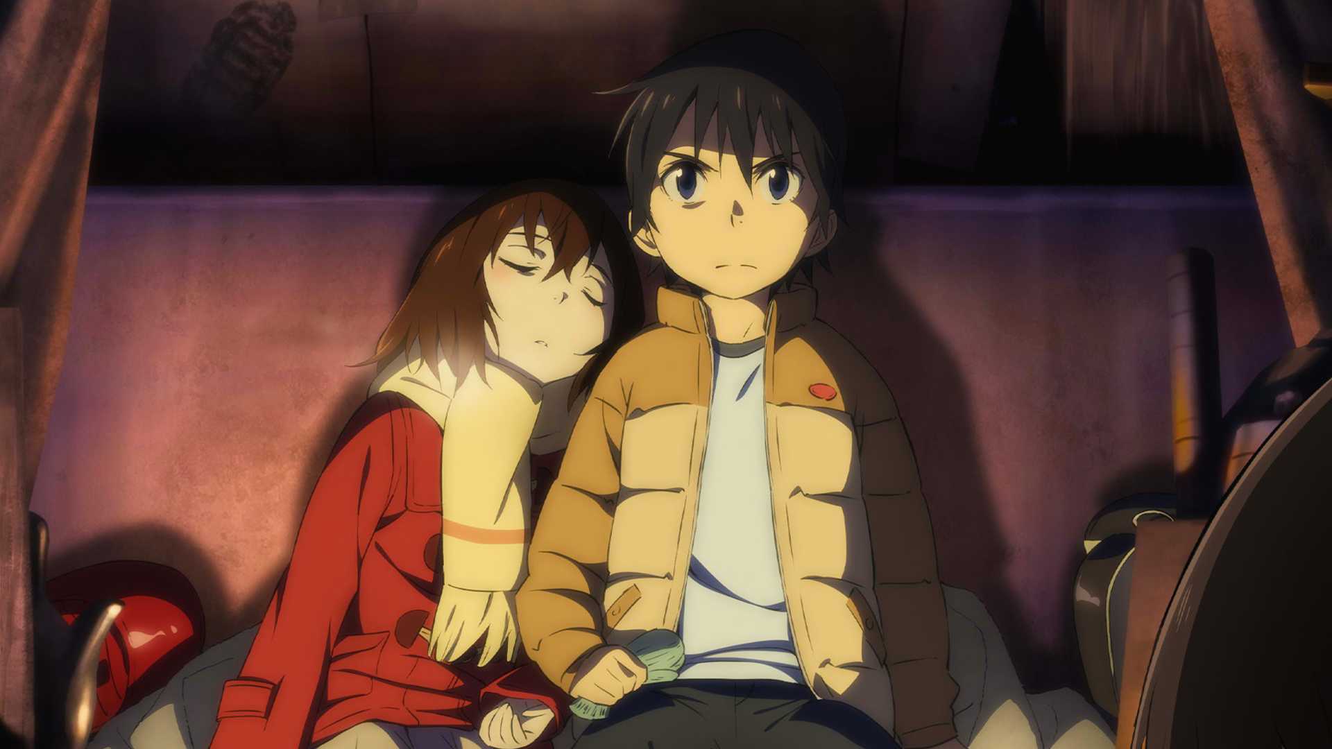 Kayo lays her head on Saturo in the Erased anime