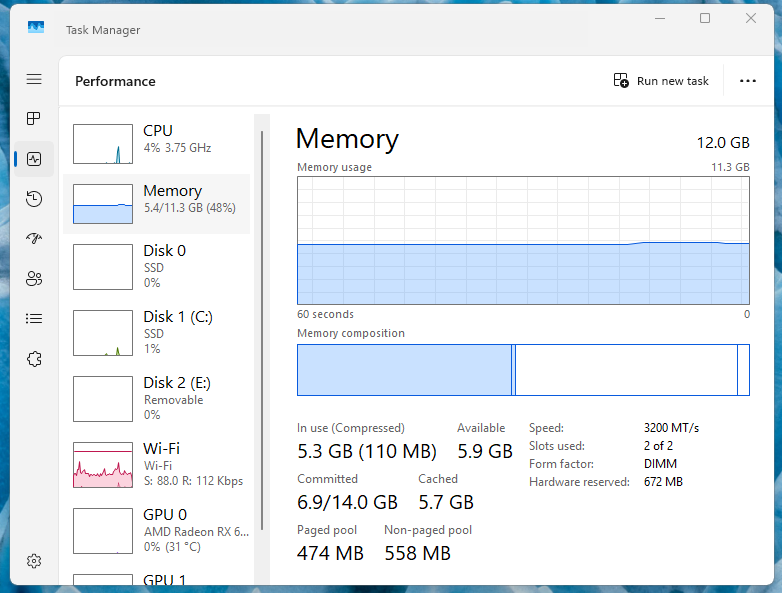 Windows 11 task manager showing close to 6GB of 12GB of RAM being consumed at a stead pace..