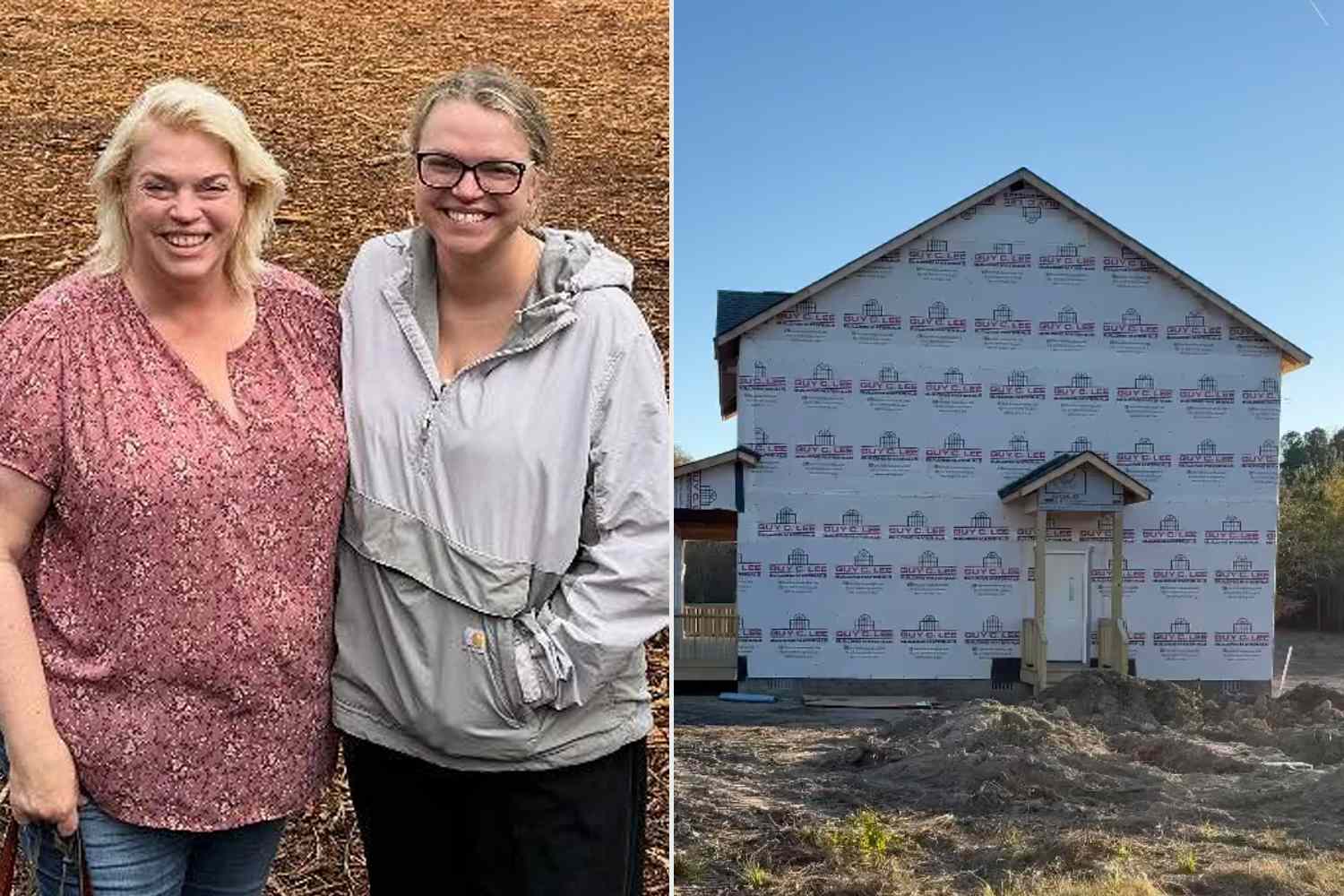 Janelle Brown/Instagram (2) L: Janelle Brown and daughter Madison Brush; R: An unfinished home on the family's property.