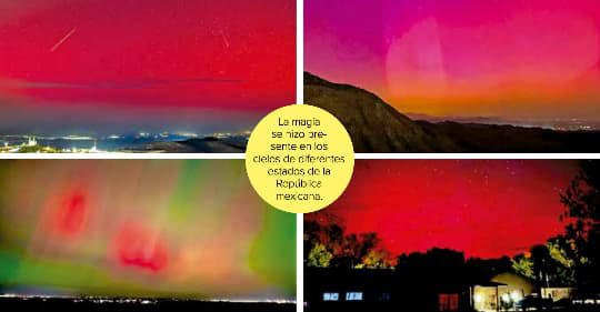 Collage de auroras boreales captadas en diferentes estados de México, con cielos nocturnos iluminados en tonos rojizos, verdes y rosados, sobre paisajes urbanos y montañosos, como resultado de una tormenta geomagnética severa que impactó la atmósfera terrestre.