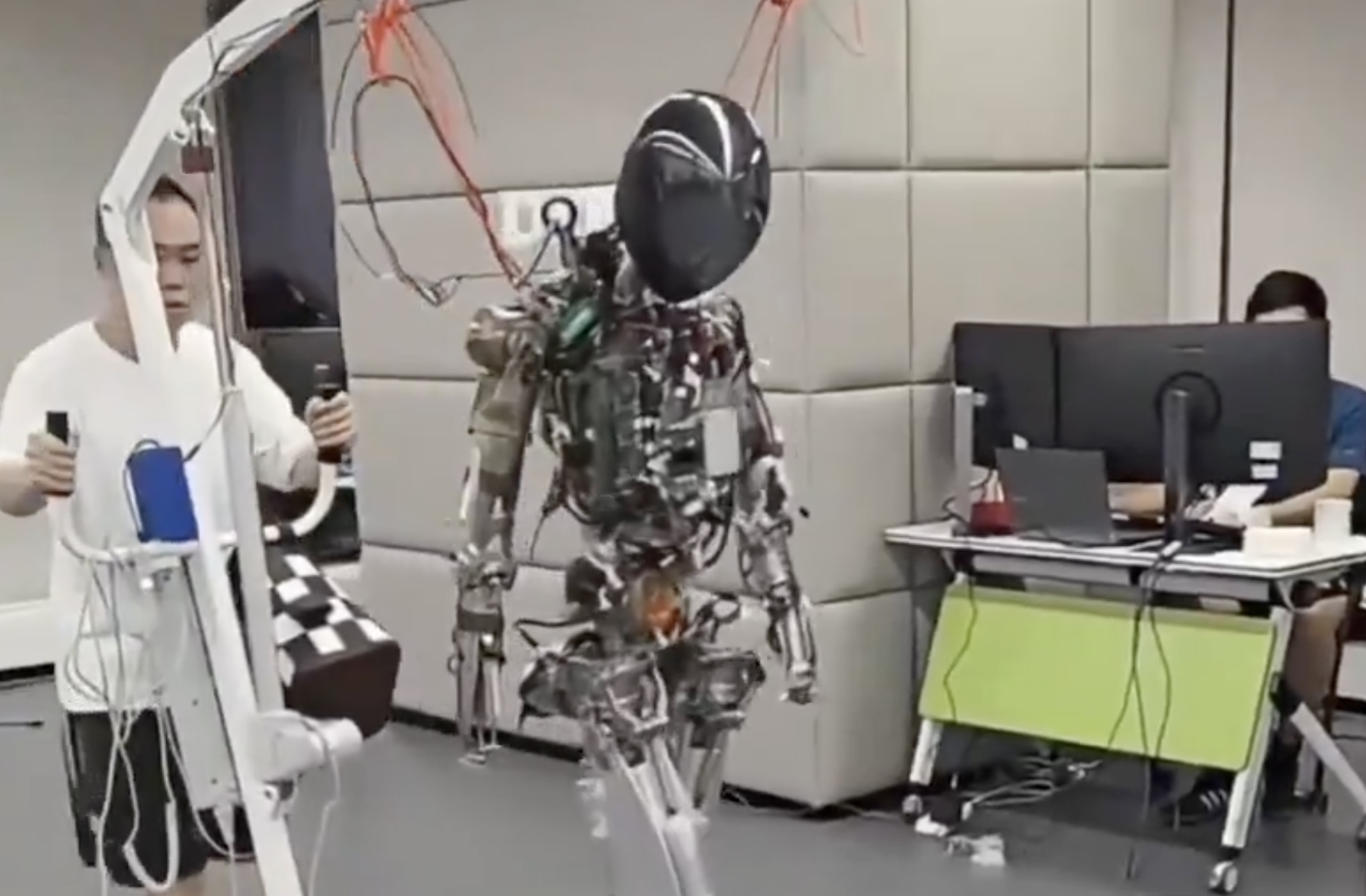 Humanoid robot stripped down to expose its high-tech inner frame