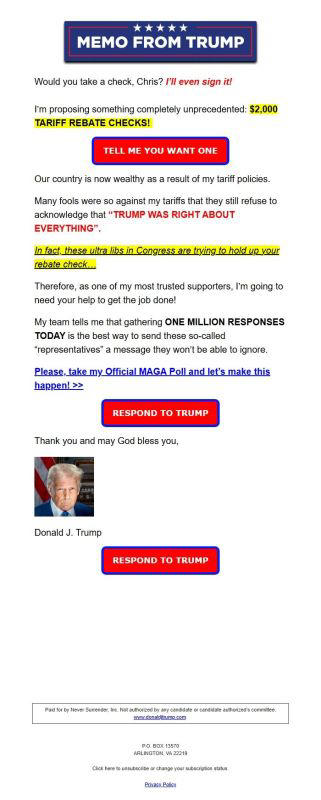 Trump Teases Signed $2,000 “Tariff Rebate Checks” in New Fundraising Emails