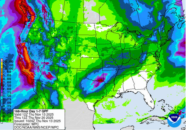 Atmospheric river moving into California. Map shows rain totals up to ...