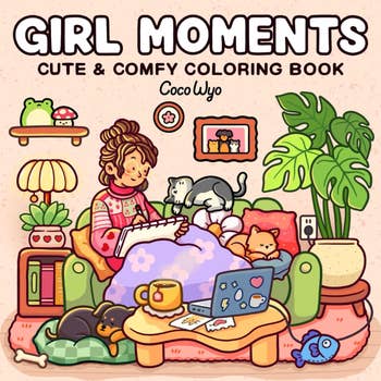Cozy scene of a girl coloring on a couch with pets around her, featuring the title