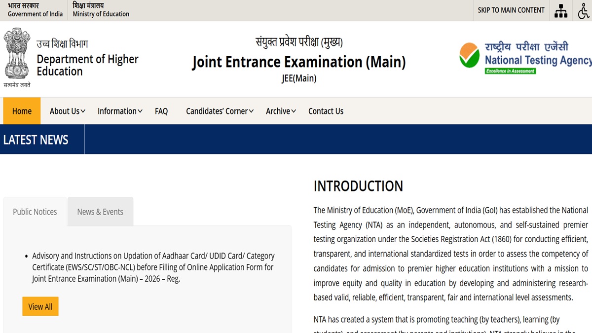 JEE Main 2026 Session 1 Registration to Close on November 27, Apply at ...