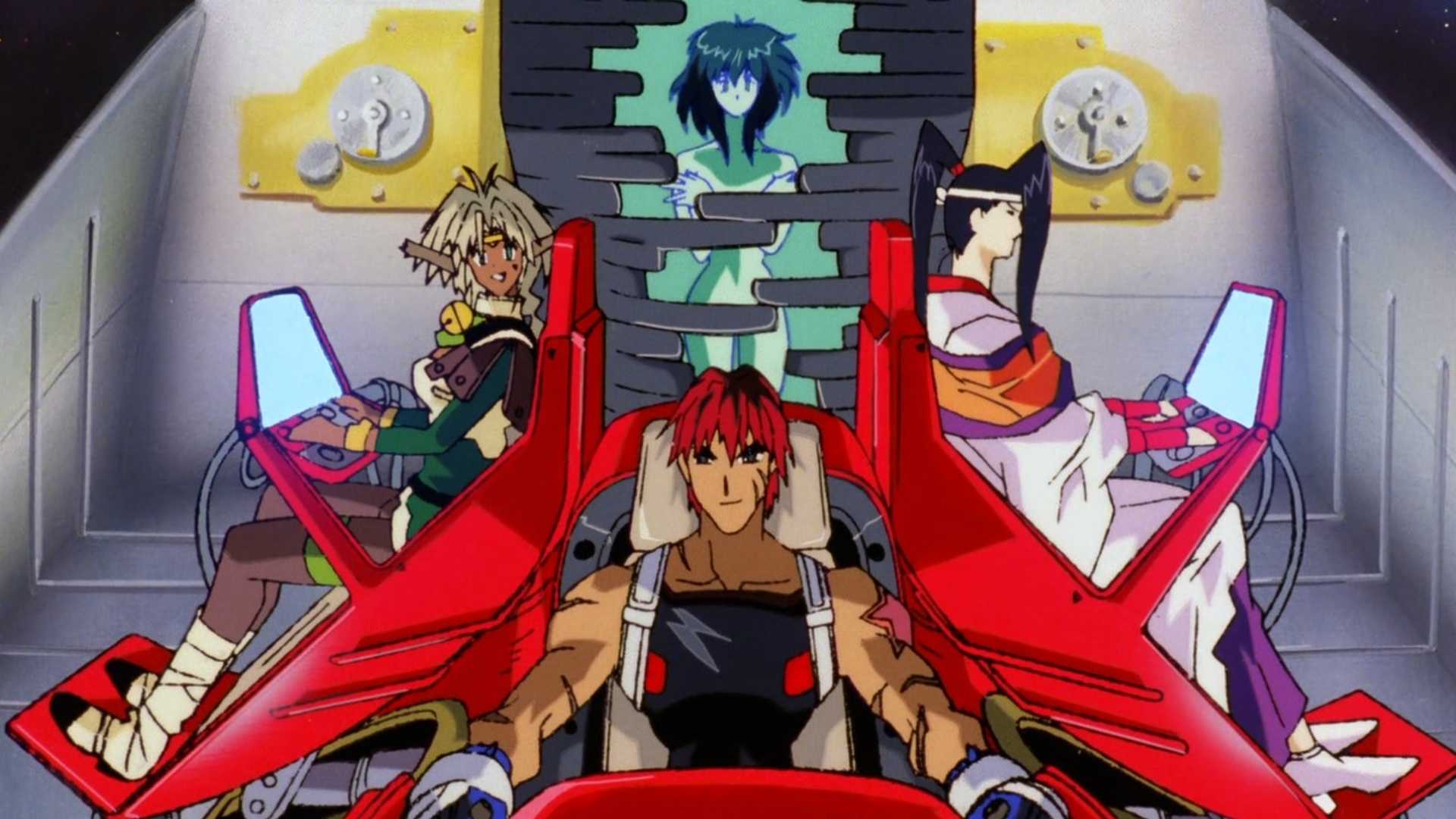 Outlaw Star cockpit scene showing Gene Highwind, Aisha Clanclan, Melfina, and Suzuka