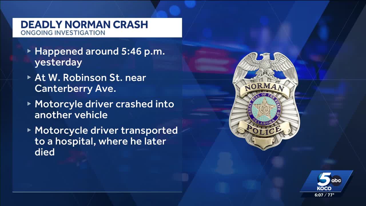 Motorcyclist dies after multi-vehicle crash Thursday in Norman, police say