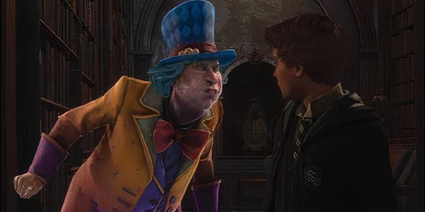 Peeves talking to Sebastian in the library in Hogwarts Legacy.