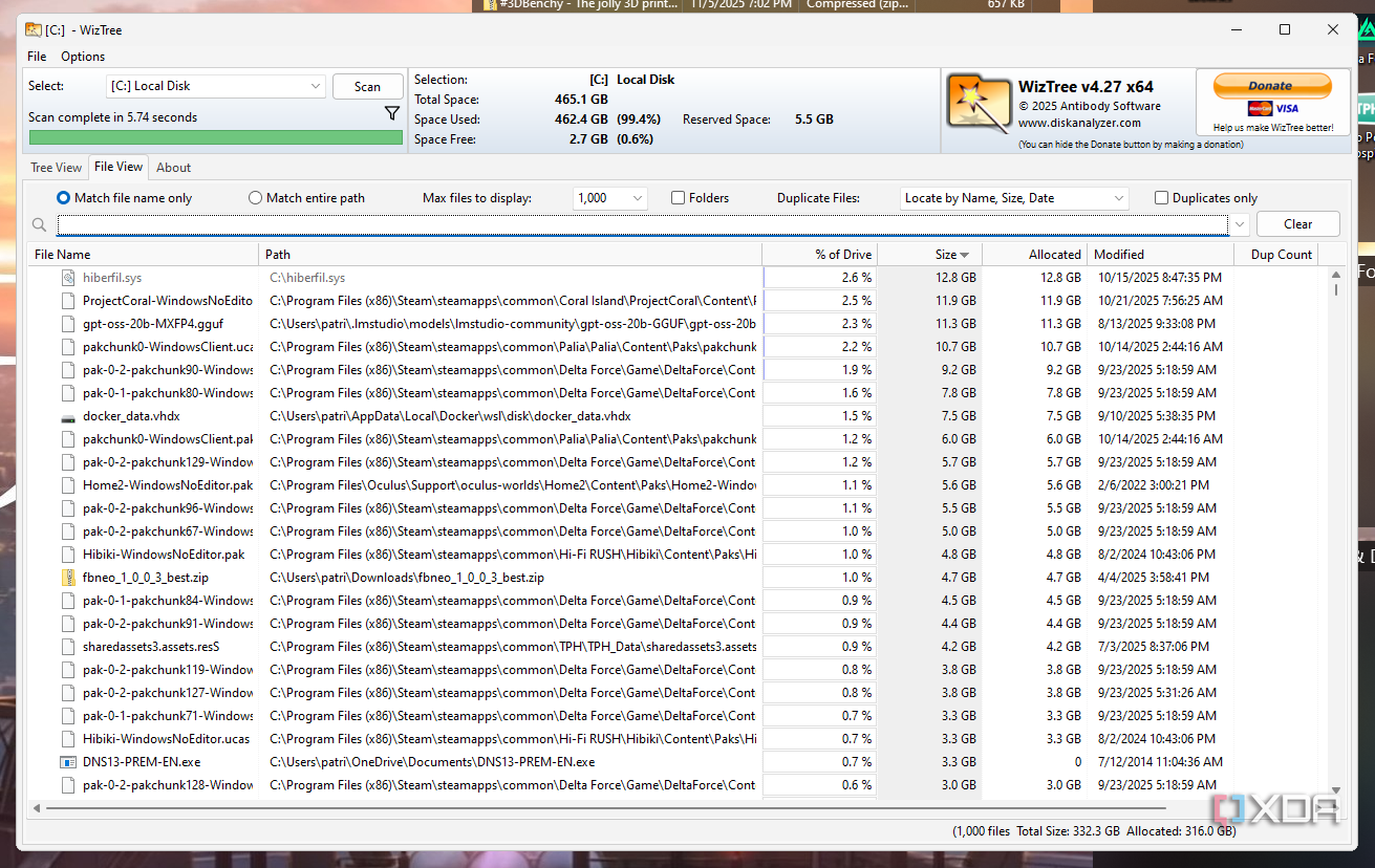 WizTree's File View makes it easy to see all of your largest files in one place.