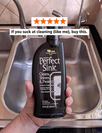 A hand holds Hope’s Perfect Sink cleaner in front of a sink. Text says, “If you suck at cleaning (like me), buy this.” 5-star rating displayed