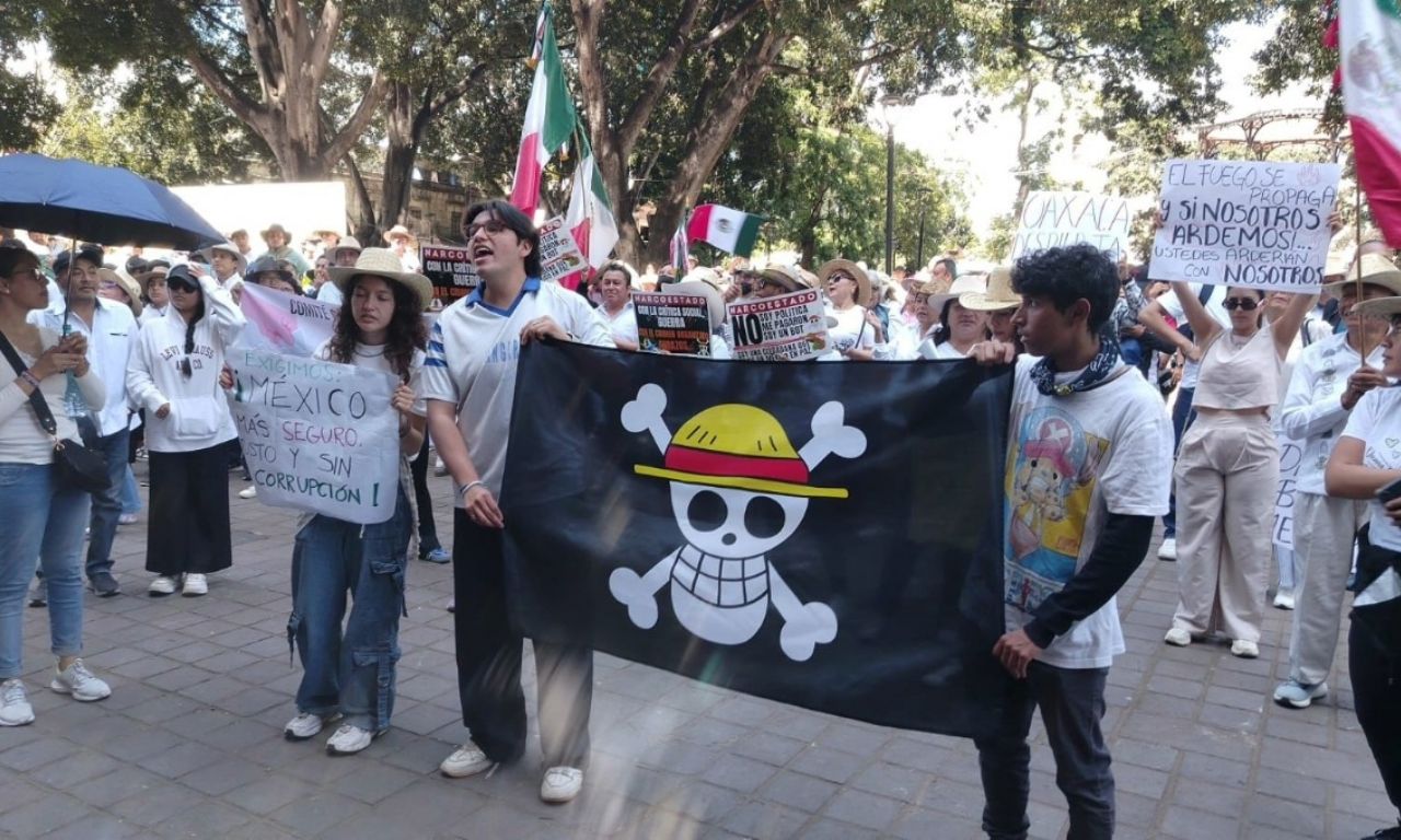Los manifestantes portaban banderas del anime One Piece