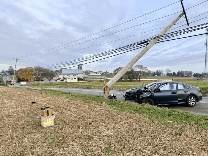 Road closes after vehicle crashes into pole in Lancaster County