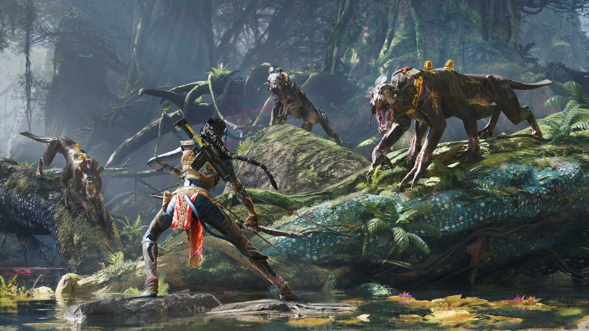 Avatar Frontiers of Pandora character fighting beasts