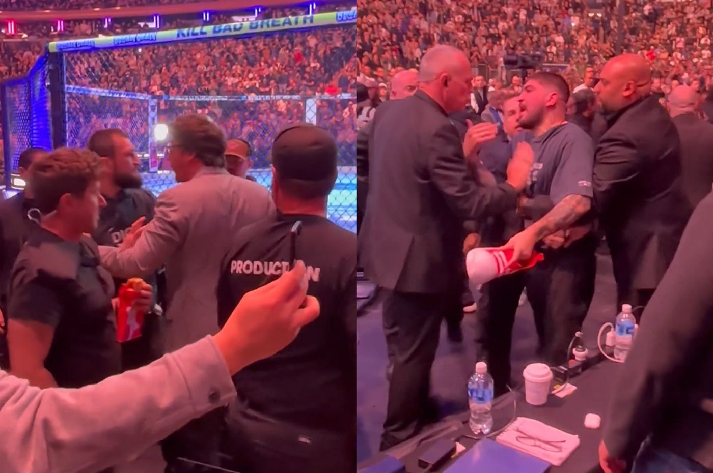 Tangkapan layar video pertikaian di pinggir oktagon antara Dillon Danis (kanan) dan rombongan Khabib Nurmagomedov saat UFC 322 berlangsung di New York, Amerika Serikat, 15 November 2025.