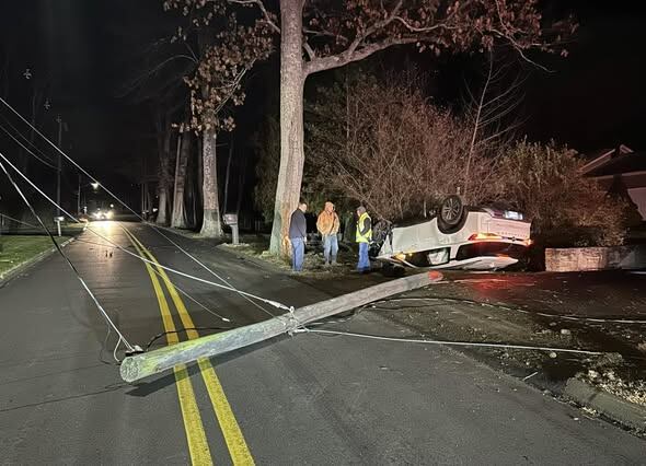 Rollover crash snaps utility pole in Beacon Falls