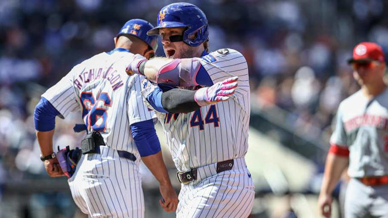Sep 8, 2024; New York City, New York, USA; New York Mets center fielder Harrison Bader (44) reacts after hitting a single in the third inning against the Cincinnati Reds at Citi Field. Mandatory Credit: Wendell Cruz-Imagn Images | Wendell Cruz-Imagn Images