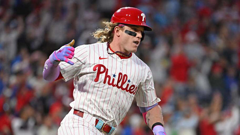 Sep 9, 2025; Philadelphia, Pennsylvania, USA; Philadelphia Phillies outfielder Harrison Bader (2) watches his home run during the second inning against the New York Mets at Citizens Bank Park. Mandatory Credit: Eric Hartline-Imagn Images | Eric Hartline-Imagn Images