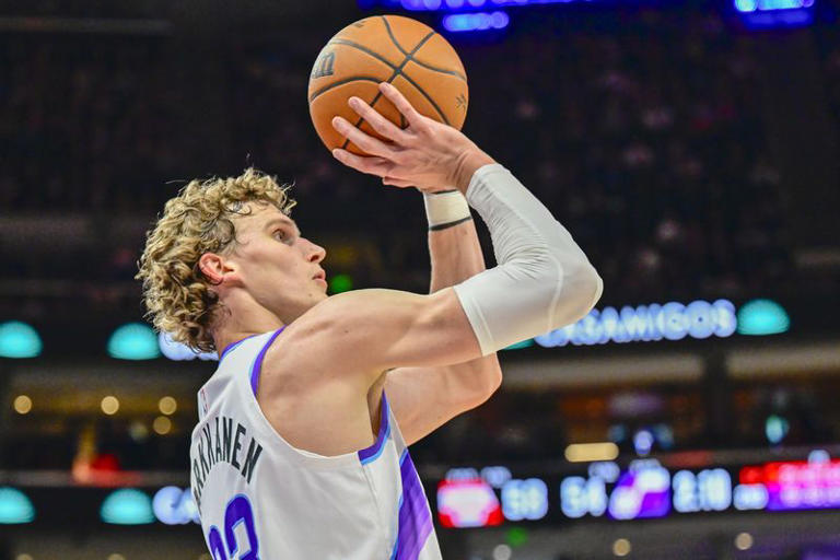 Nov 16, 2025; Salt Lake City, Utah, USA; Utah Jazz forward/center Lauri Markkanen (23) takes a three-point shot during the first half against the Chicago Bulls at Delta Center. Mandatory Credit: Peter Creveling-Imagn Images