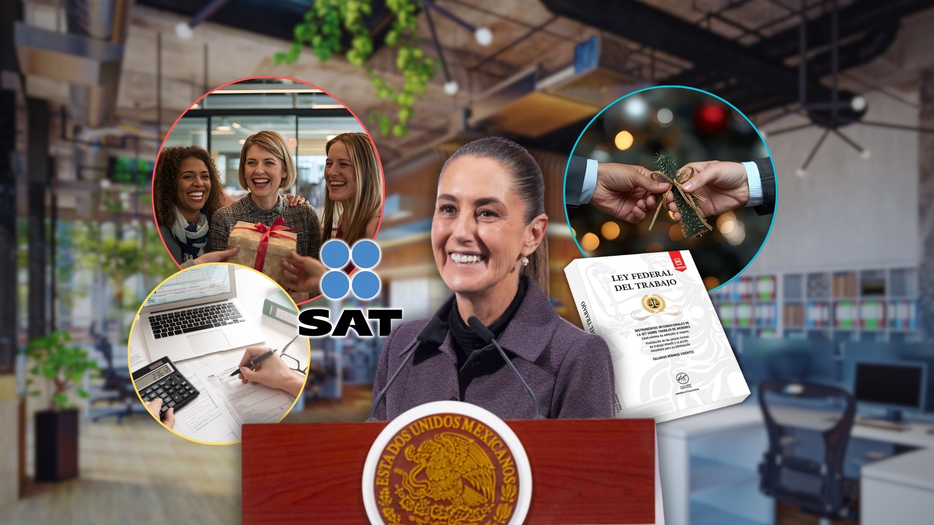La normativa sobre el aguinaldo incluye reglas específicas que aplican para todas las personas trabajadoras, sin importar su rango salarial. Foto: Especial (Gobierno de México/SAT/LFT/Canva)