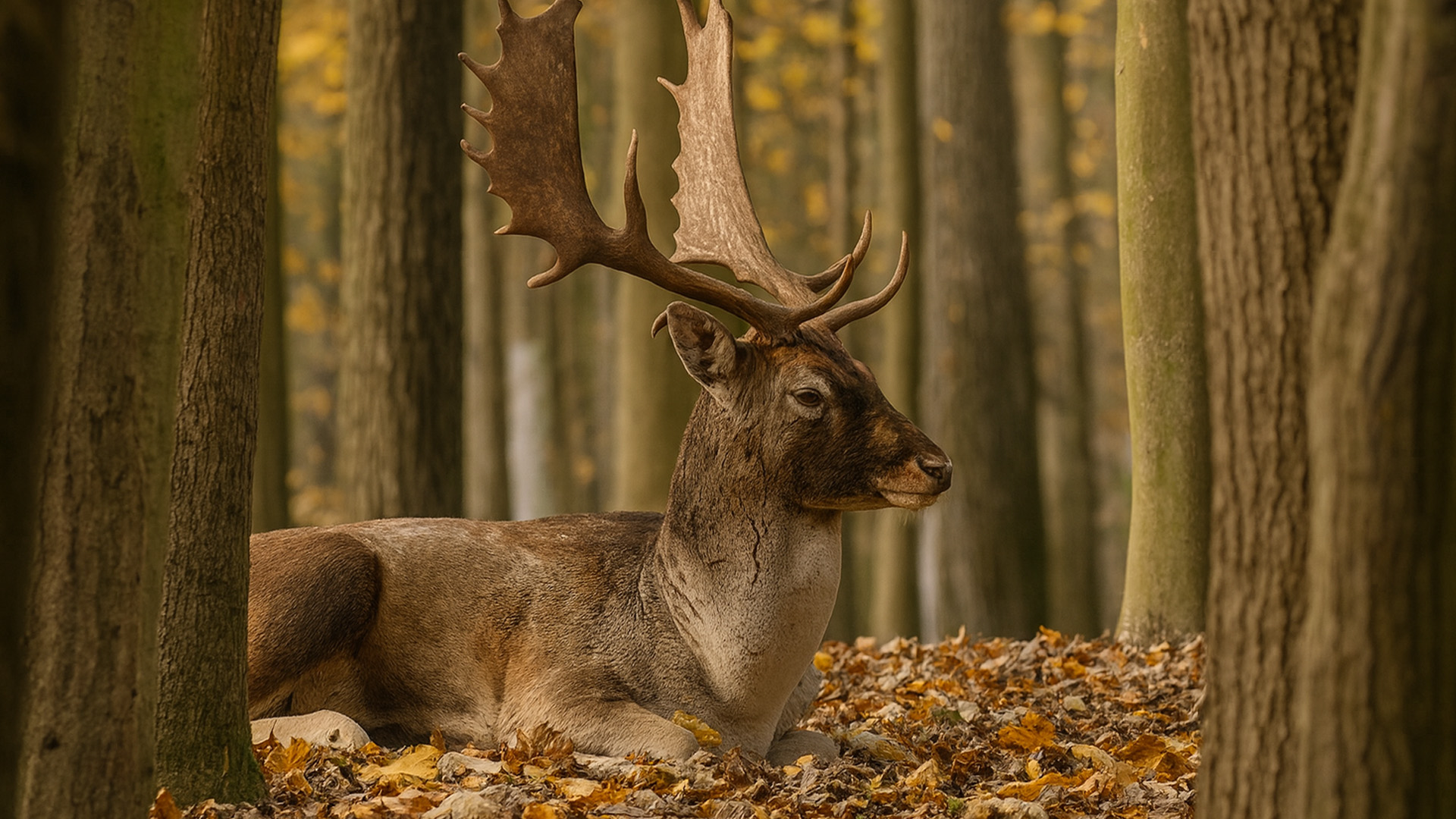 Resting Deer Surrounded By Falling Leaves