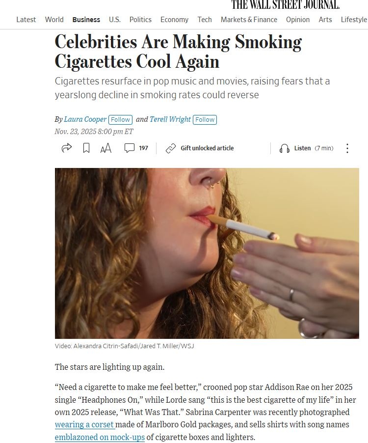 Οι διάσημοι κάνουν το κάπνισμα ξανά cool, γράφει η Wall Street Journal