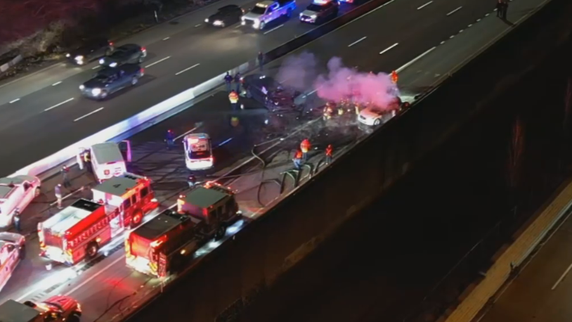 Woman killed after vehicle catches fire following crash on Parkway East