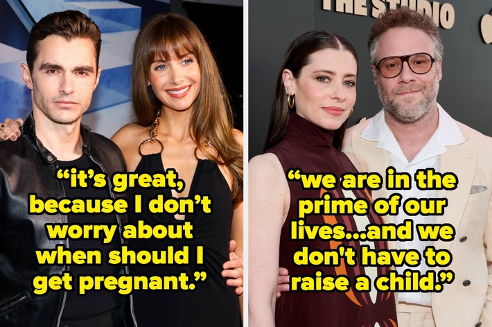 Two celebrity couples pose at an event. Overlaid quotes discuss not worrying about pregnancy and focusing on careers instead of raising a child