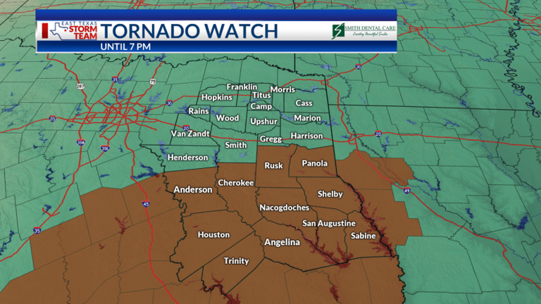 Tornado Watch issued for portions of East Texas until 7 p.m.