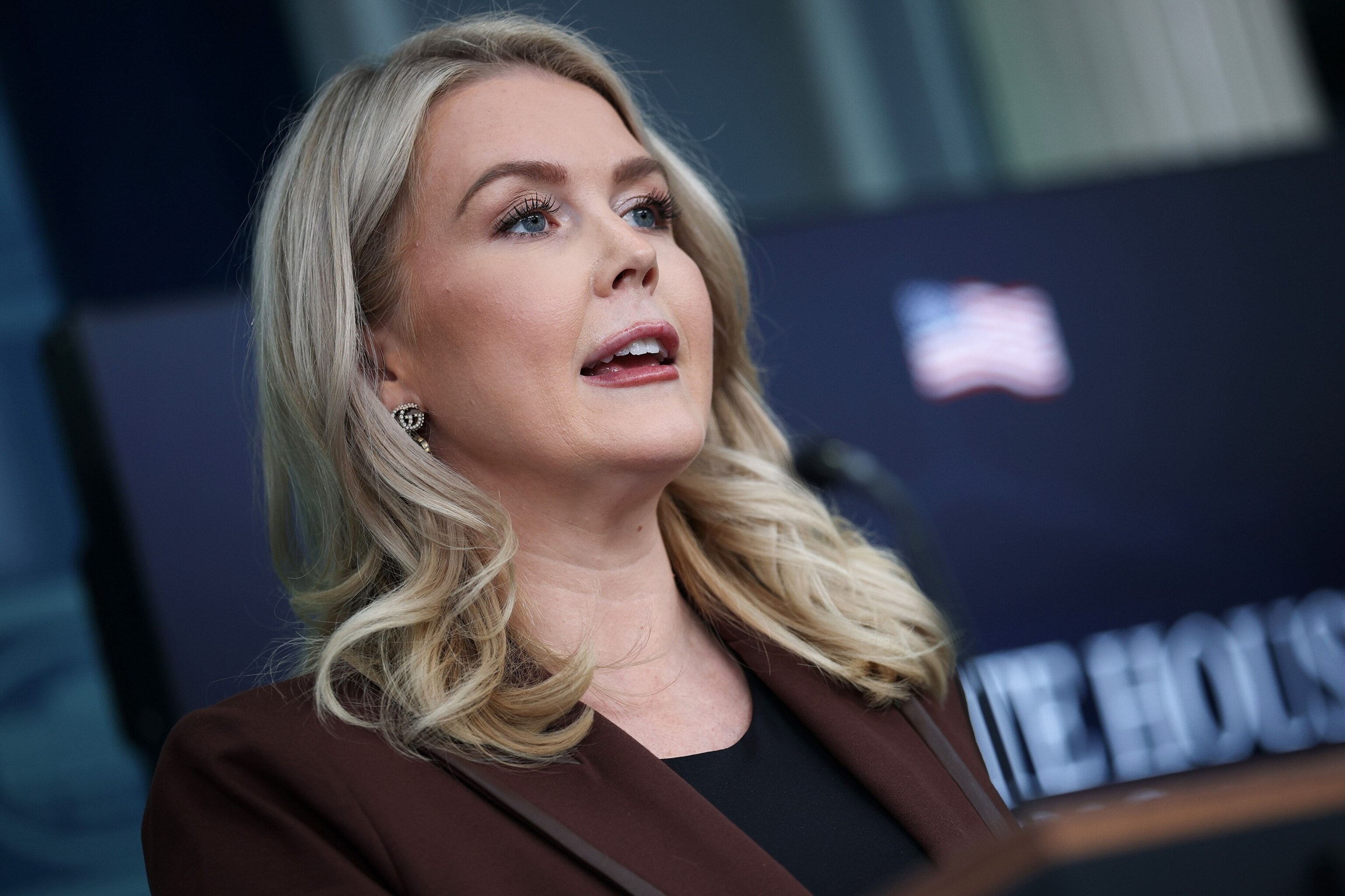 Win Mcnamee/Getty Images - PHOTO: White House Press Secretary Karoline Leavitt speaks during the daily press briefing in the Brady Press Briefing Room at the White House on November 12, 2025 in Washington, DC.