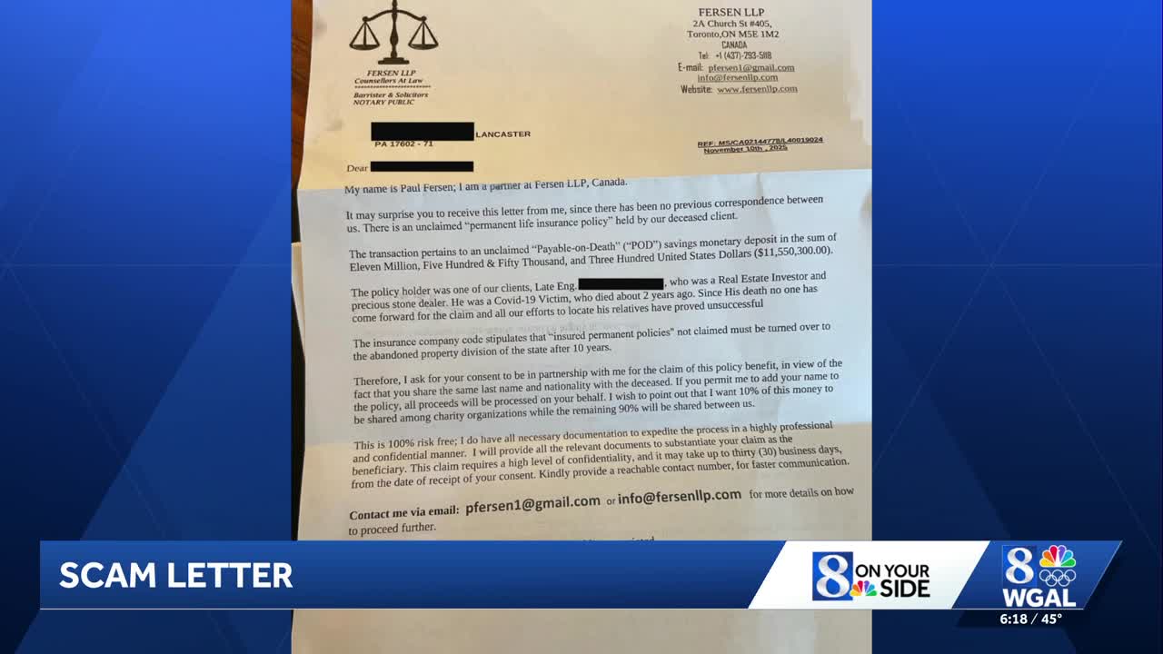 On Your Side: Fraudulent inheritance letters target unsuspecting recipients