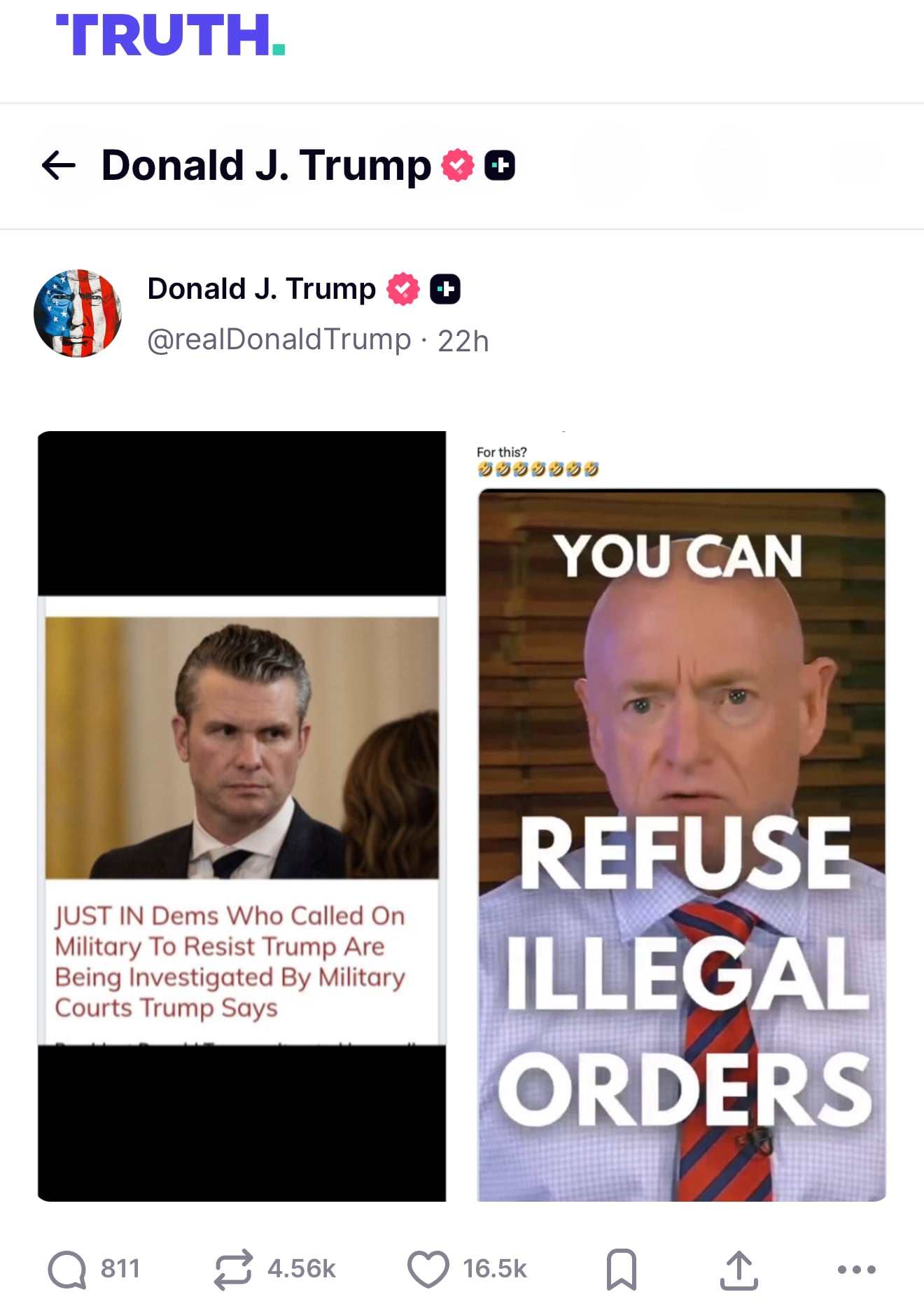 Trump posted this confusing mash-up of screenshots apparently taken of other posts—including (right) one of Sen. Mark Kelly saying 