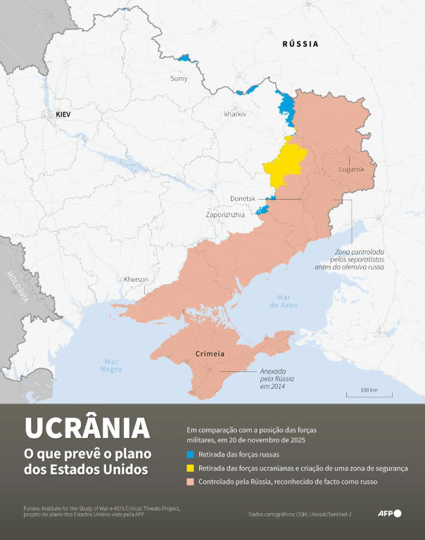Mapa das zonas da Ucrânia que seriam reconhecidas de facto como russas ou mantidas pela Ucrânia segundo o rascunho do plano norte-americano visto pela AFP, em relação às posições das forças militares em 20 de novembro de 2025.