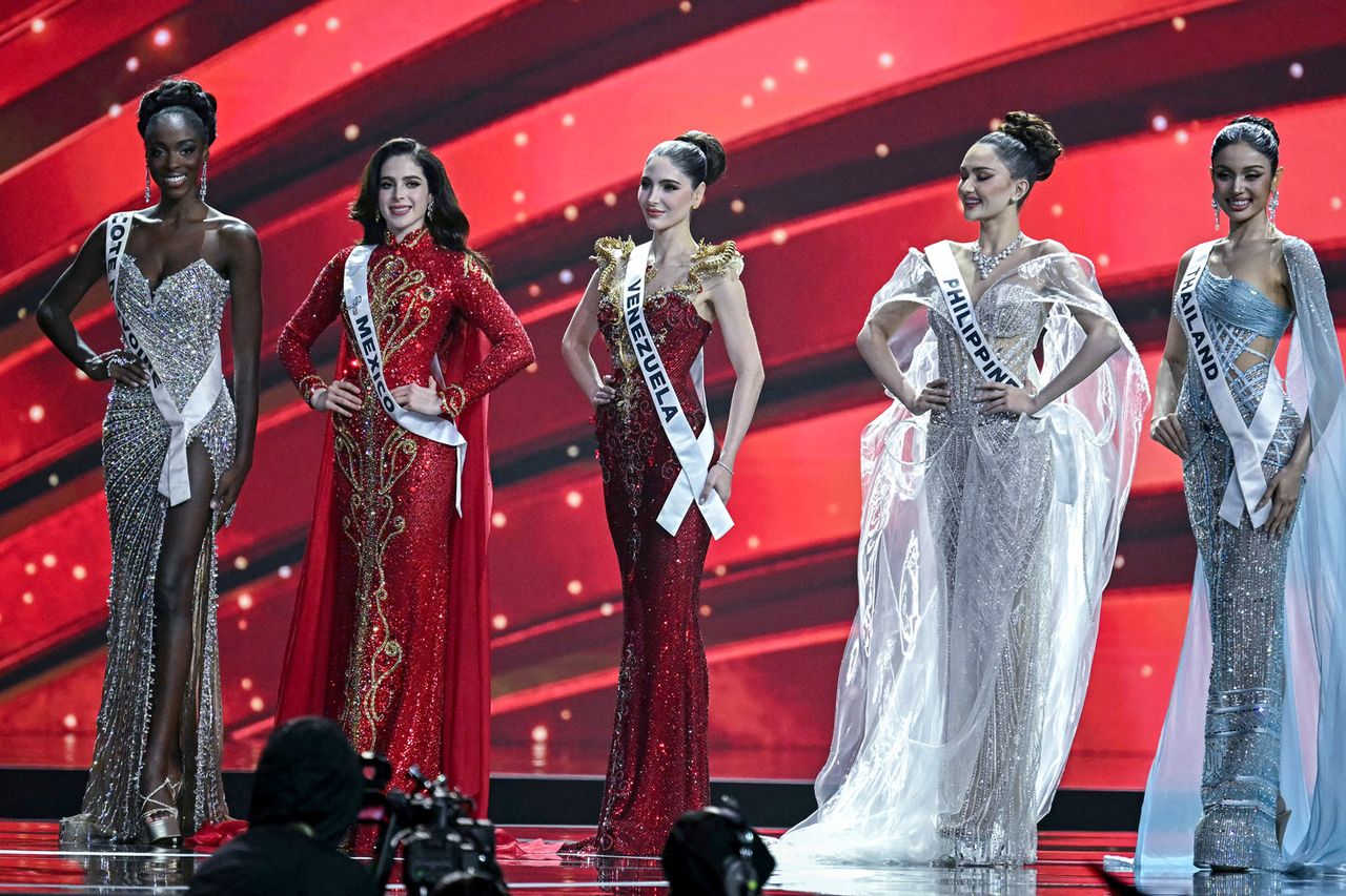 Miss Ivory Coast Olivia Yace, Miss Mexico Fatima Bosch, Miss Venezuela Stephany Adriana Abasali Nasser, Miss Philippines Ahtisa Manalo, and Miss Thailand Praveenar Singh compete at the 2025 Miss Universe pageant