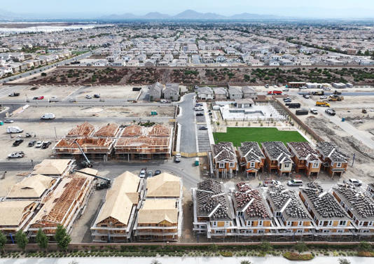 An aerial view of new residential housing under construction at a planned community on September 17, 2025, in Fontana, California (Mario Tama/Getty Images)