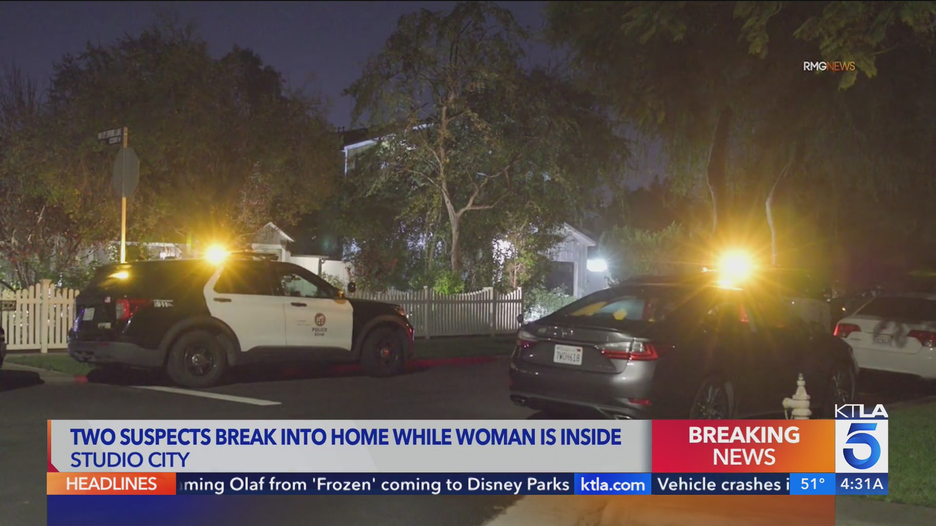 Woman hides in upstairs room as burglars break into Studio City home