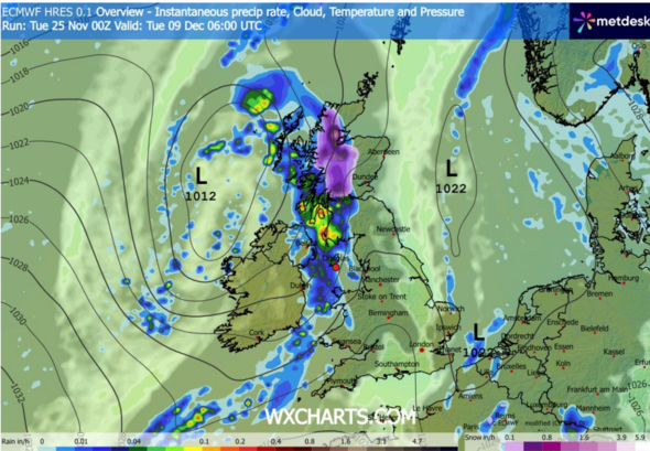 Cold weather maps turn purple as snow stretches 520 miles across Britain
