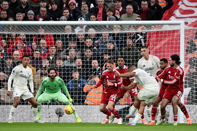 LIVERPOOL, ENGLAND - NOVEMBER 22: Murillo of Nottingham Forest scores his team's first goal past Alisson Becker of Liverpool during the Premier League match between Liverpool and Nottingham Forest at Anfield on November 22, 2025 in Liverpool, England. (Photo by Liverpool FC/Liverpool FC via Getty Images)