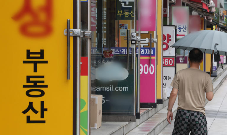 The number of operating licensed real estate agents last month falls below 110,000 for the first time in 5 years and 2 months. Photo shows citizens passing by a densely populated area of real estate agencies in Seoul on the 25th. /News1