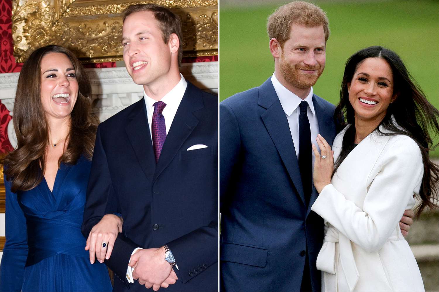Samir Hussein/WireImage; DANIEL LEAL/AFP via Getty (Left) Kate Middleton and Prince William announce their engagement on Nov. 16, 2010; (Right) Prince Harry and Meghan Markle announce their engagement on Nov. 27, 2017