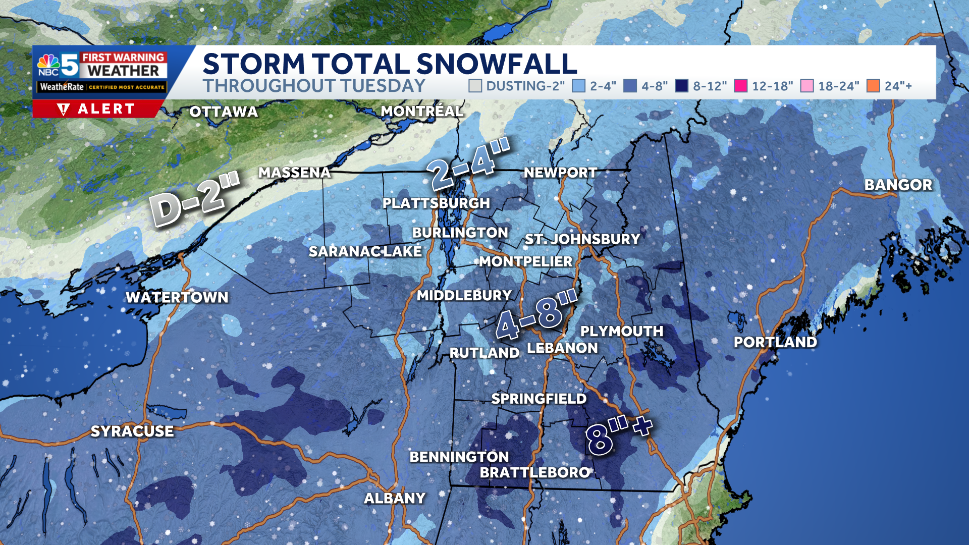Slick travel, several inches of snow in Vermont and New York on Tuesday ...