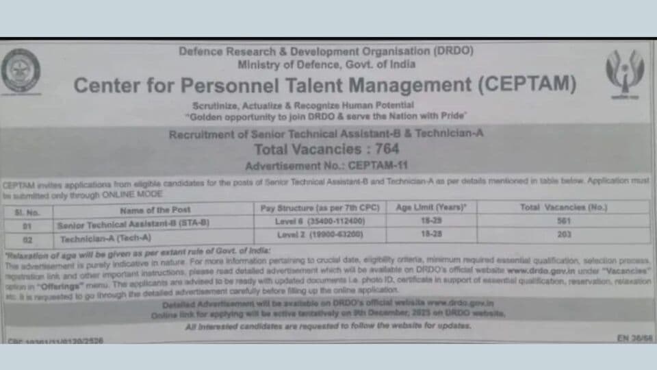 DRDO CEPTAM 11 Recruitment 2025: Notification released for 764 ...