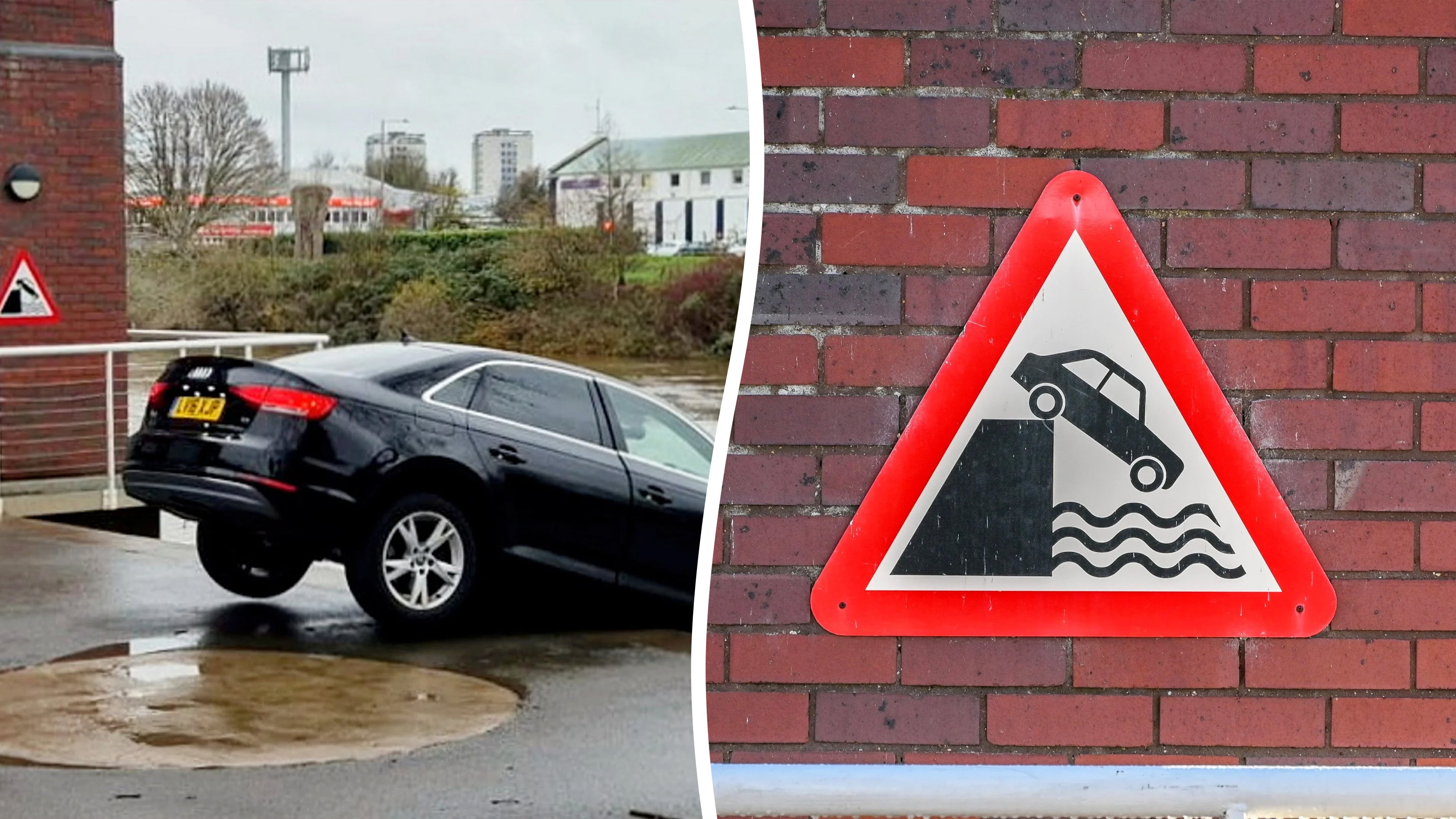 Audi perfectly copies warning sign showing a car dangling over river edge