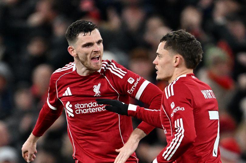 Andy Robertson and Florian Wirtz celebrate after Liverpool drew level against Sunderland.