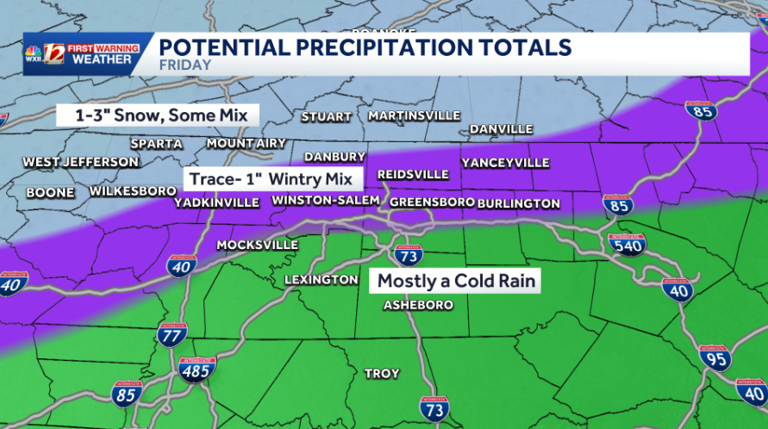 What areas could get snow or ice in the Piedmont Triad and how much?