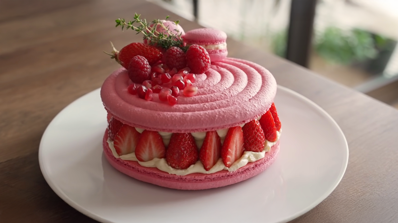 Giant strawberry rose macarons