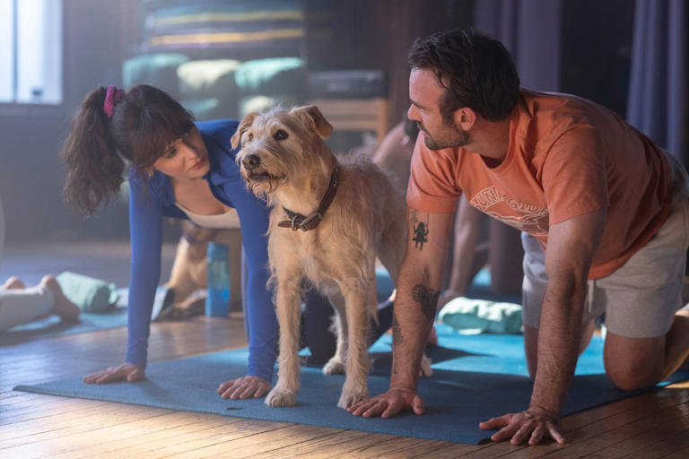 Wilson Webb/Prime Zooey Deschanel (left), Gus as Merv and Charlie Cox (right) in 'Merv.'