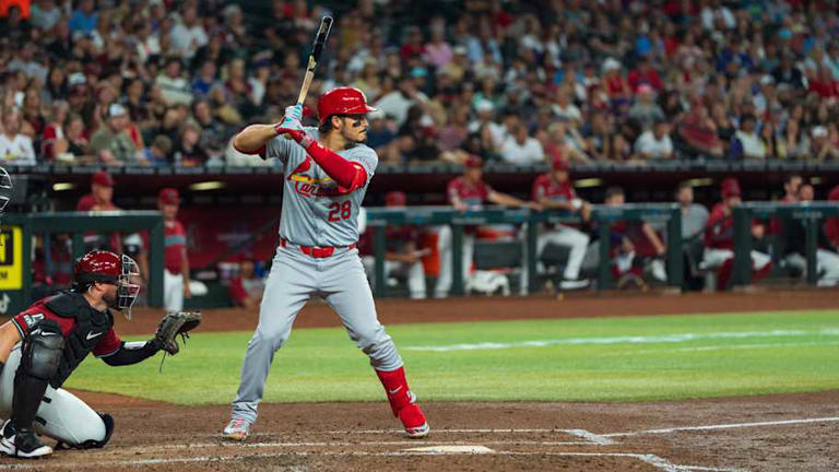Apr 14, 2024; Phoenix, Arizona, USA; St. Louis Cardinals infielder Nolan Arenado (28) at bat in the second inning during a game against the Arizona Diamondbacks at Chase Field. Mandatory Credit: Allan Henry-Imagn Images | Allan Henry-Imagn Images